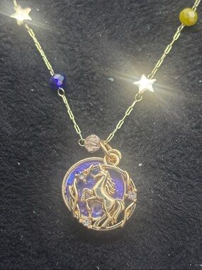 Gold Unicorn Pendant Necklace with Purple Enamel and Beaded Chain
